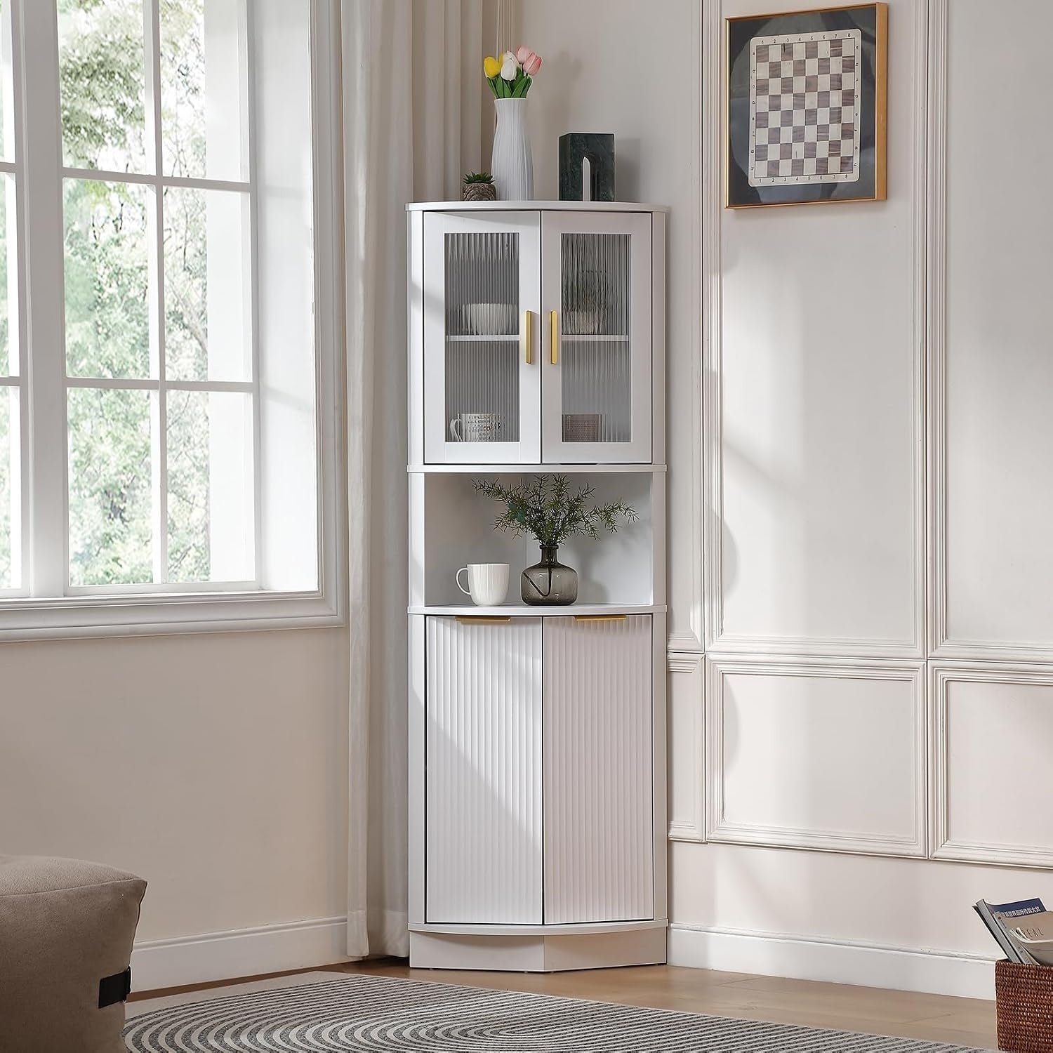 Armoire d'angle haute avec tiroir, etageres reglables et grand espace de rangement, finition blanche