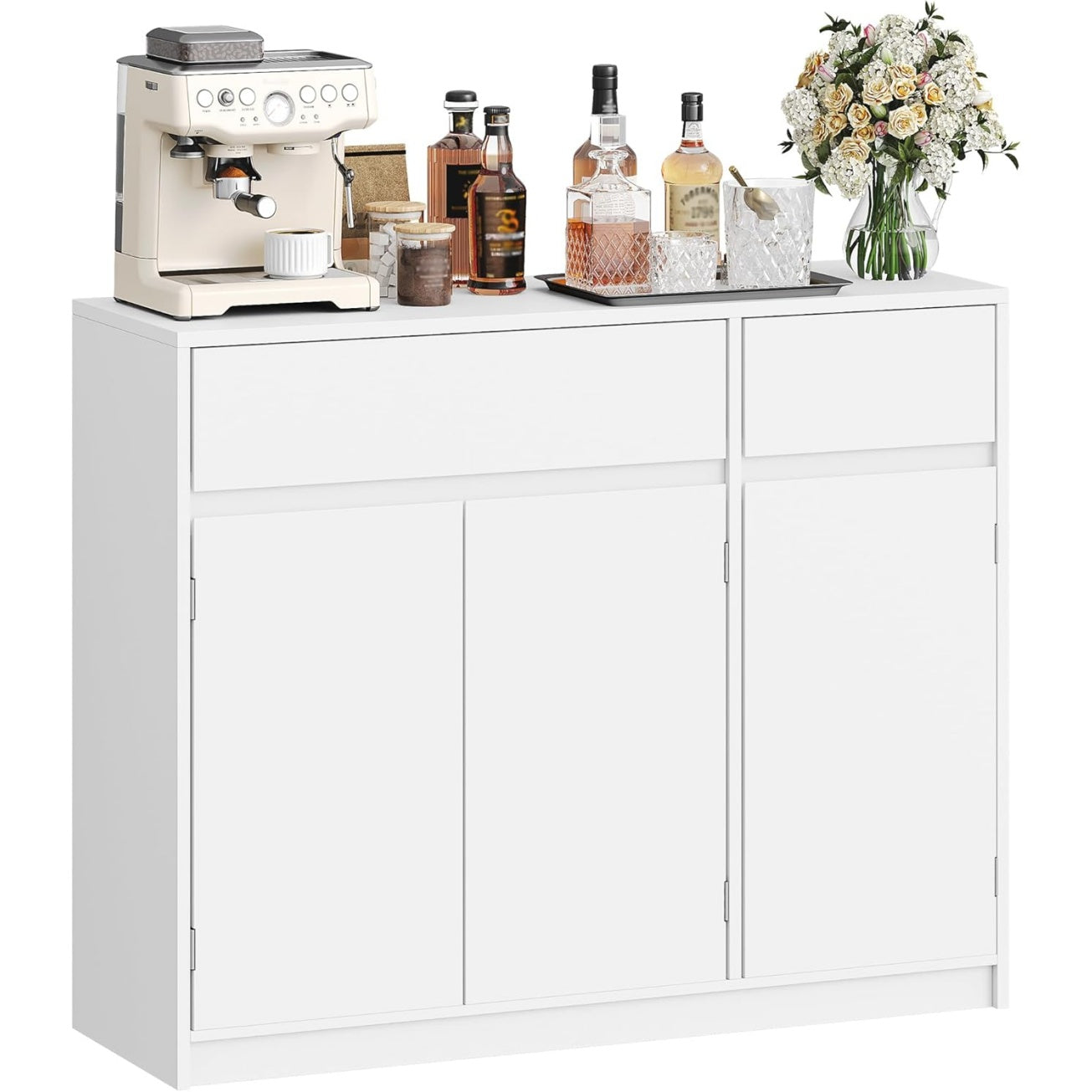 Buffet moderne avec 2 tiroirs, 3 portes et etageres reglables, meuble de rangement pour cuisine ou salon, 33 x 100 x 81,5 cm, blanc