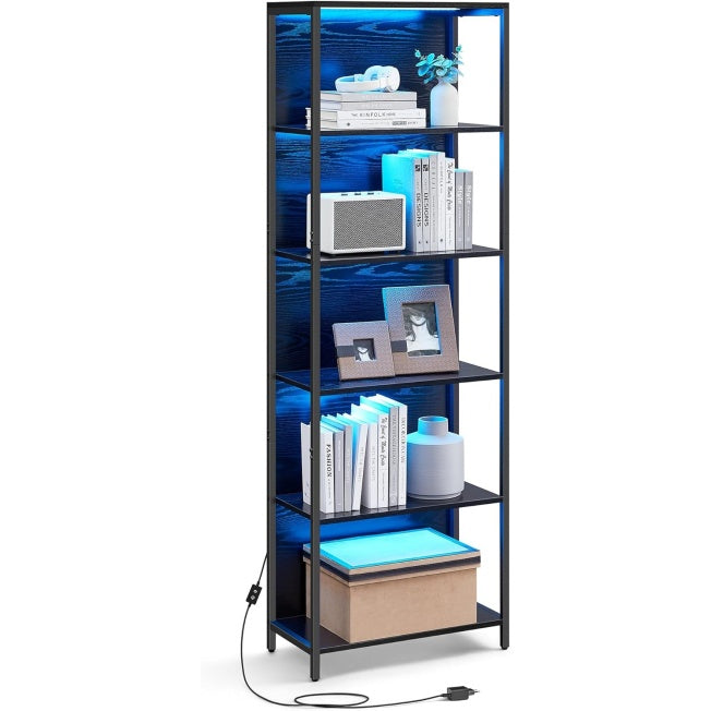 Bibliotheque LED 6 niveaux avec eclairage reglable et structure en acier, meuble de rangement pour salon, chambre ou bureau, noir boise