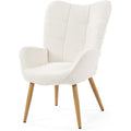 Fauteuil scandinave avec accoudoirs, assise rembourree et pieds metal effet bois, chaise de salon en bouclette beige