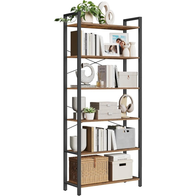 Bibliotheque industrielle 6 niveaux avec structure metallique, meuble de rangement 30 x 80 x 186 cm, marron rustique et noir