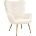 Fauteuil de relaxation en tissu bouclette avec dossier enveloppant et pieds metal effet bois, siege confortable ivoire