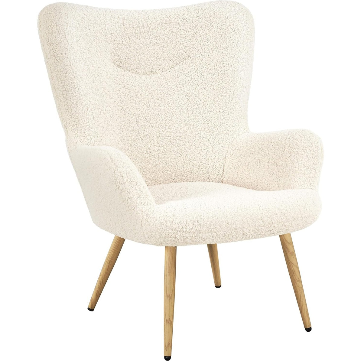Fauteuil de relaxation en tissu bouclette avec dossier enveloppant et pieds metal effet bois, siege confortable ivoire