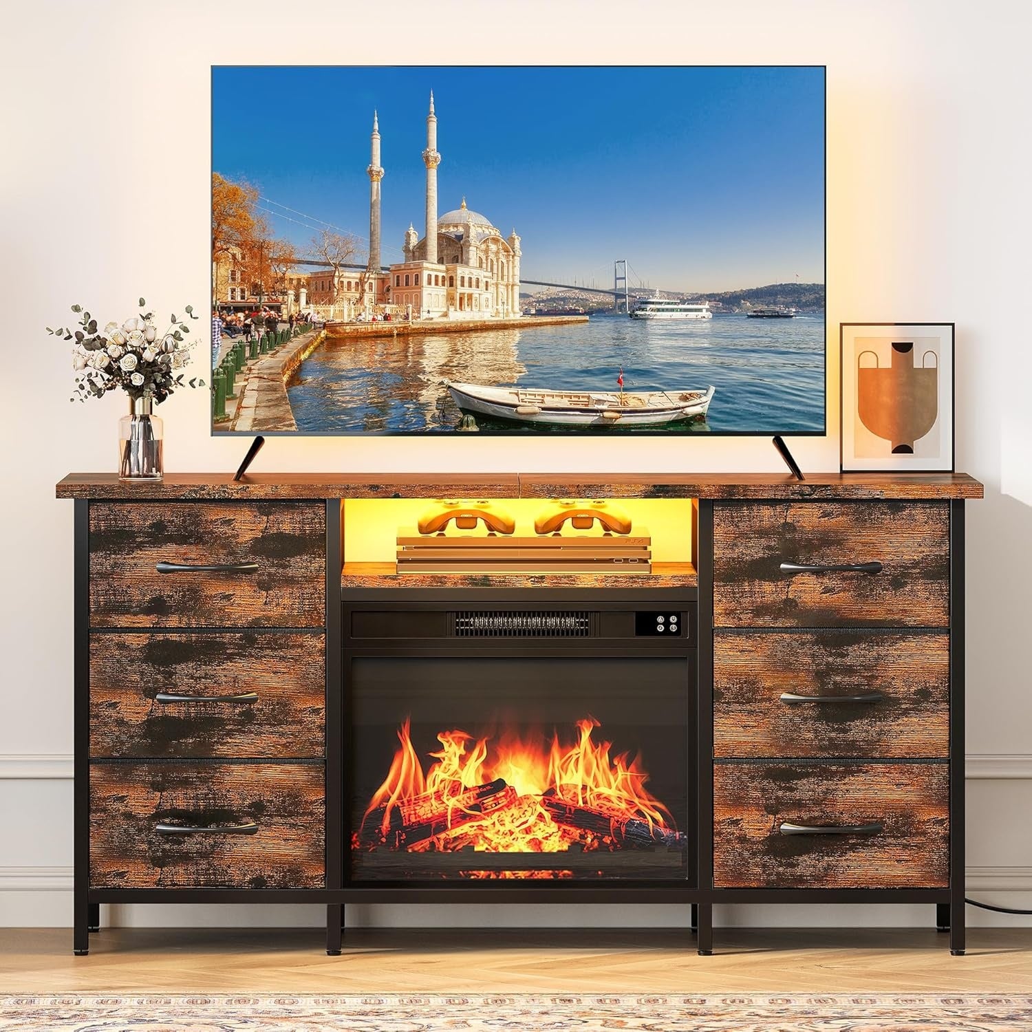 Commode decorative avec cheminee electrique, eclairage LED et six tiroirs en tissu, effet flamme 3D, brun