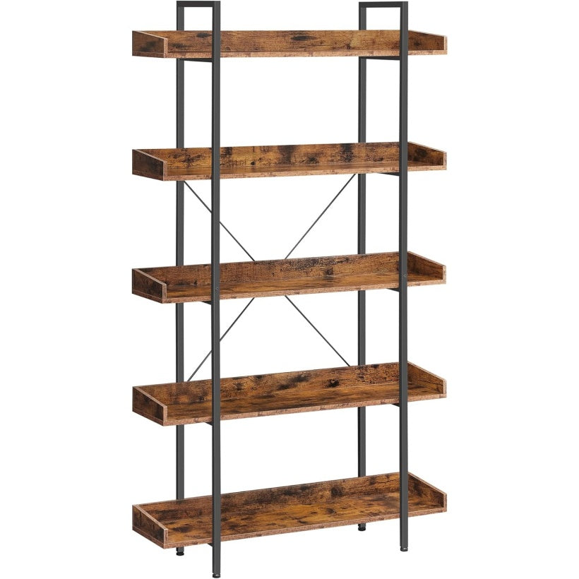Bibliotheque industrielle 5 niveaux avec larges etageres ouvertes, meuble de rangement pour salon, chambre ou bureau, marron rustique et noir
