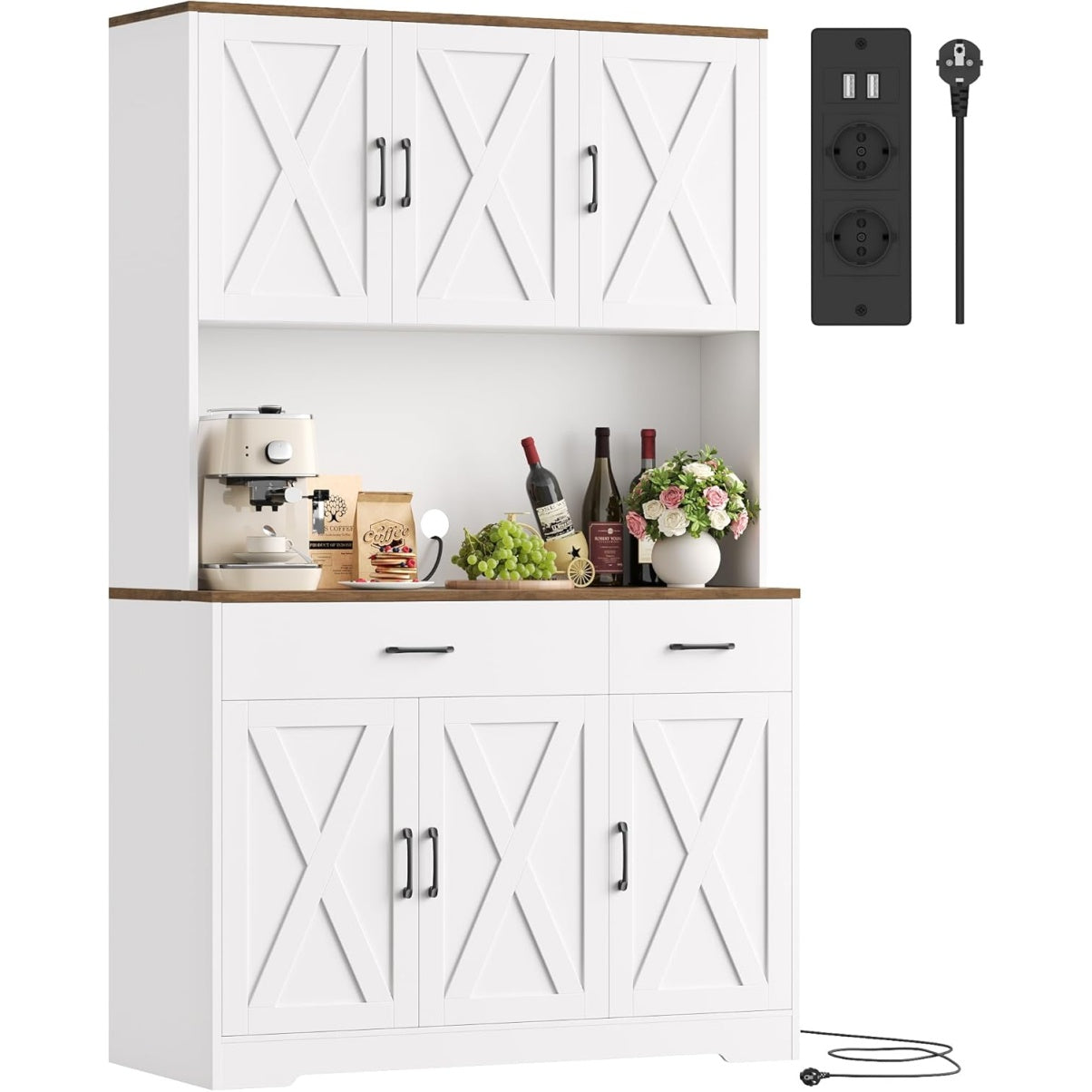 Armoire de cuisine 180 cm avec prises electriques, deux tiroirs et etageres modulables