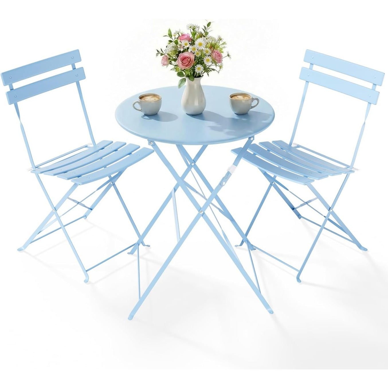 Salon de jardin pliable 3 pieces en metal, 2 chaises et 1 table bistrot pour balcon, terrasse ou exterieur, bleu