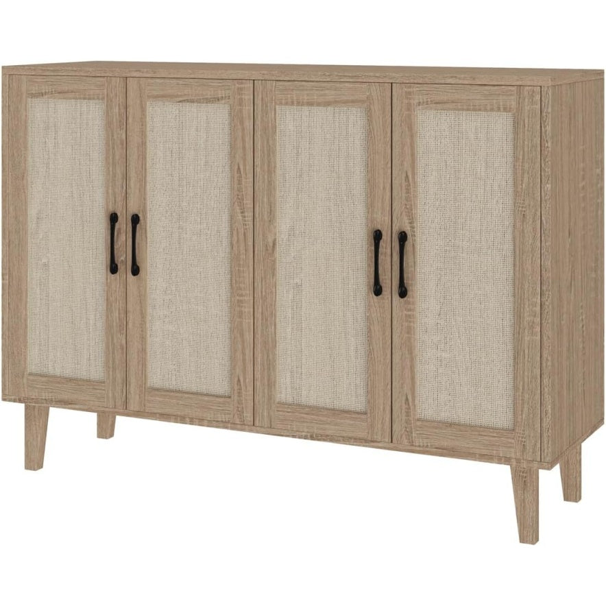 Buffet en MDF avec quatre portes aspect rotin, meuble de rangement pour salon ou chambre, finition bois