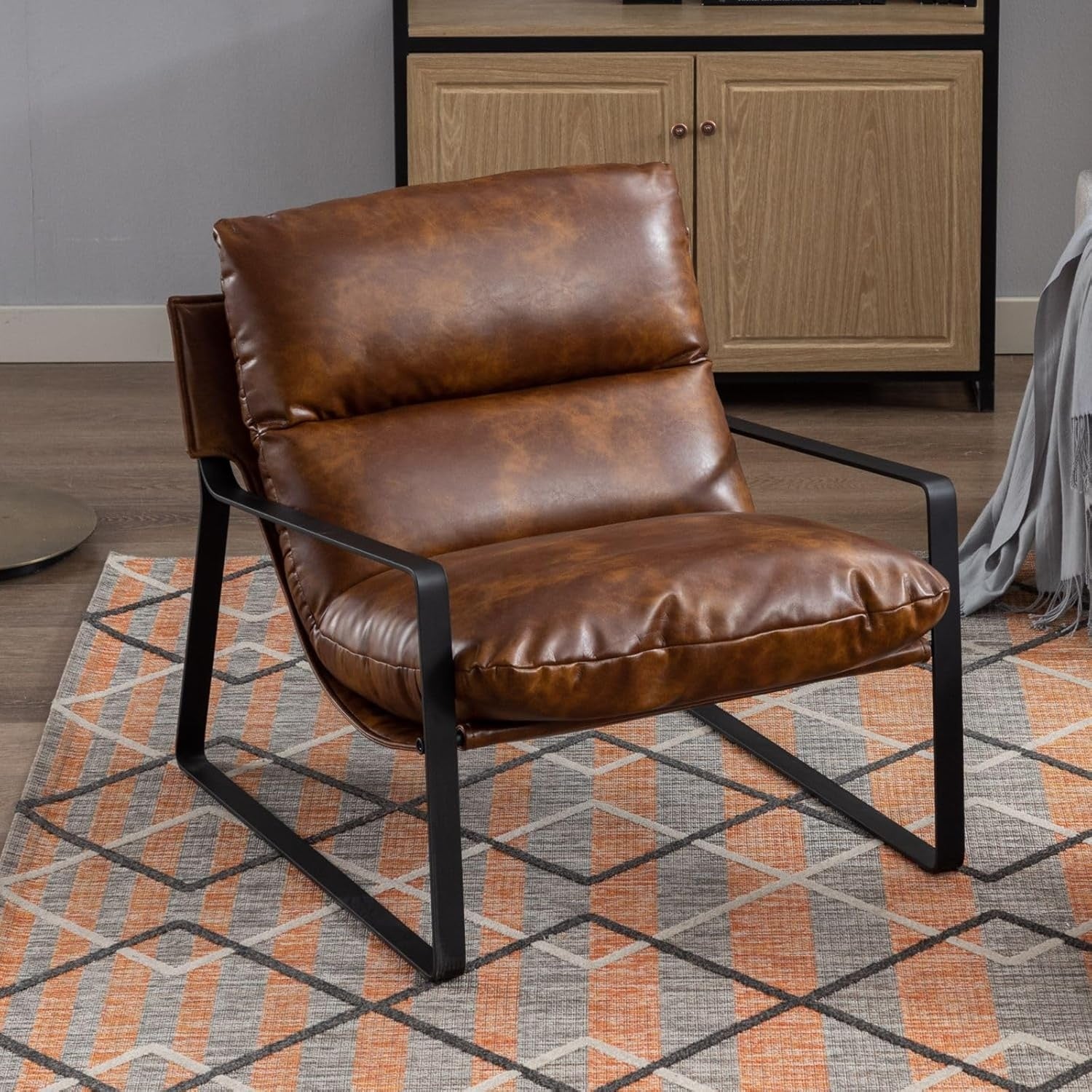 Fauteuil de detente en cuir PU avec structure metallique, chaise de loisirs moderne pour salon, bureau ou chambre, marron