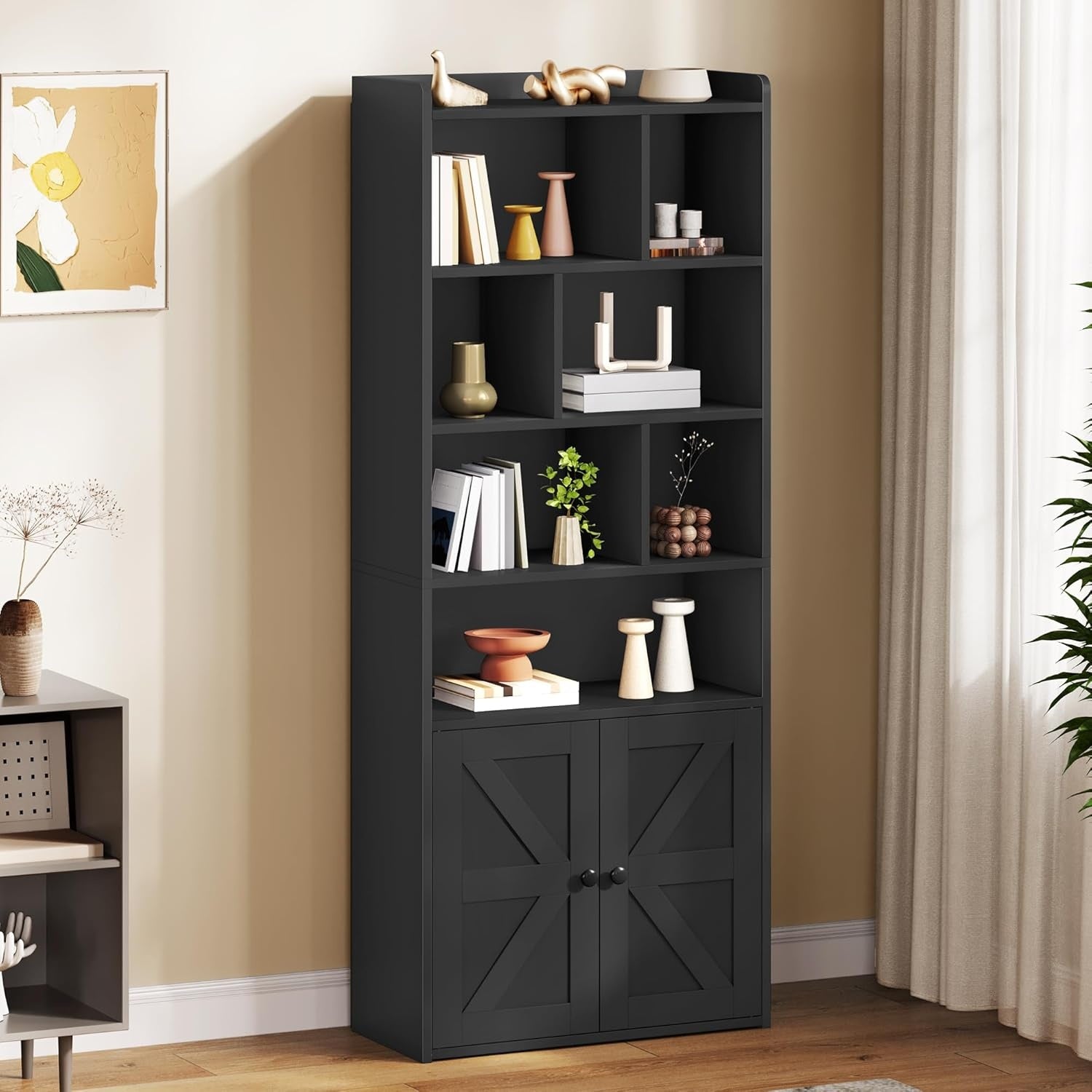 Bibliotheque 4 niveaux avec placard et compartiments ouverts, meuble de rangement autoportant pour bureau, chambre ou salon, noir