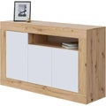 Buffet contemporain 3 portes, meuble de rangement 144 cm en blanc et chene, pour salon ou salle a manger