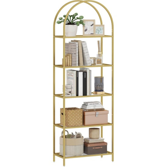 Bibliotheque design a cinq niveaux avec etageres en verre et structure arquee doree