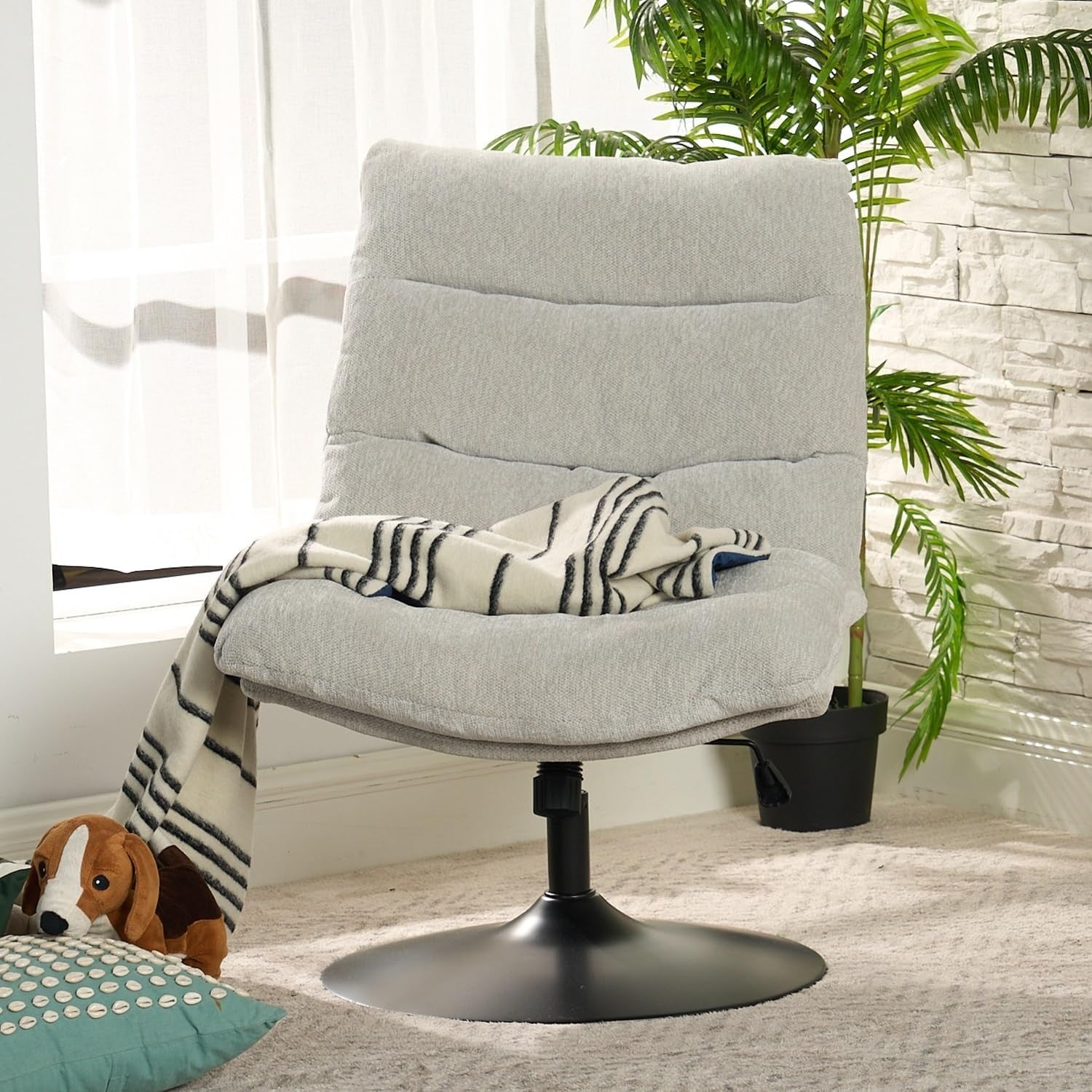 Fauteuil pivotant 360° avec dossier inclinable et hauteur reglable, chaise de salon rembourree en tissu chenille gris