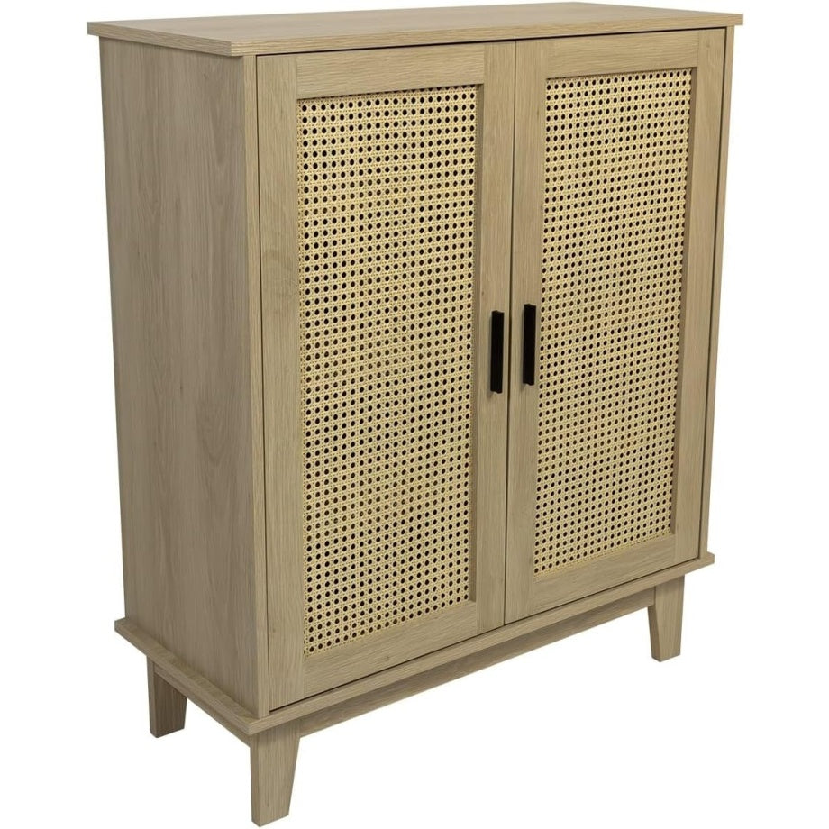 Buffet avec deux portes en cannage, meuble de rangement 80 x 34 x 96 cm, style naturel et boheme