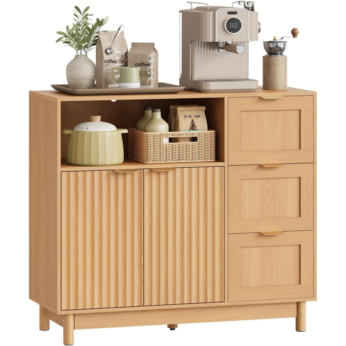 Meuble bas de cuisine finition chene avec trois tiroirs, une porte, niche ouverte et tablette ajustable