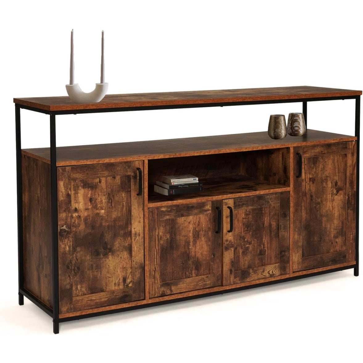 Buffet industriel 140 cm avec quatre portes, niche centrale et finition bois vieilli