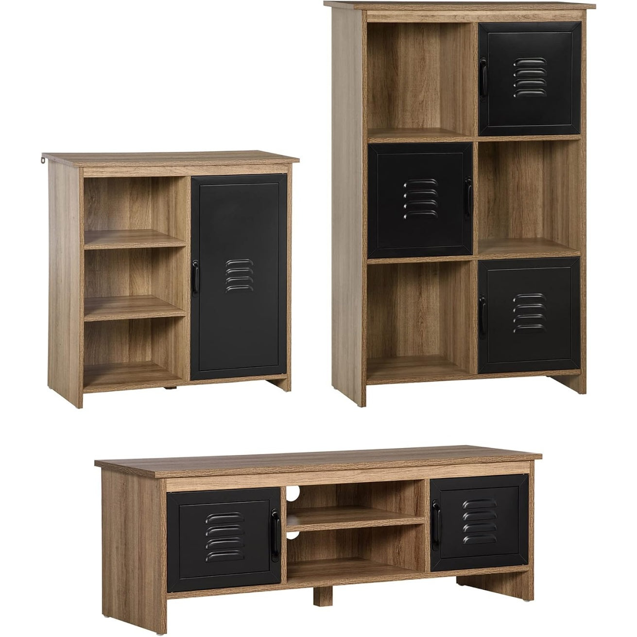 Ensemble de salon industriel reunissant une bibliotheque et un meuble TV avec nombreux rangements