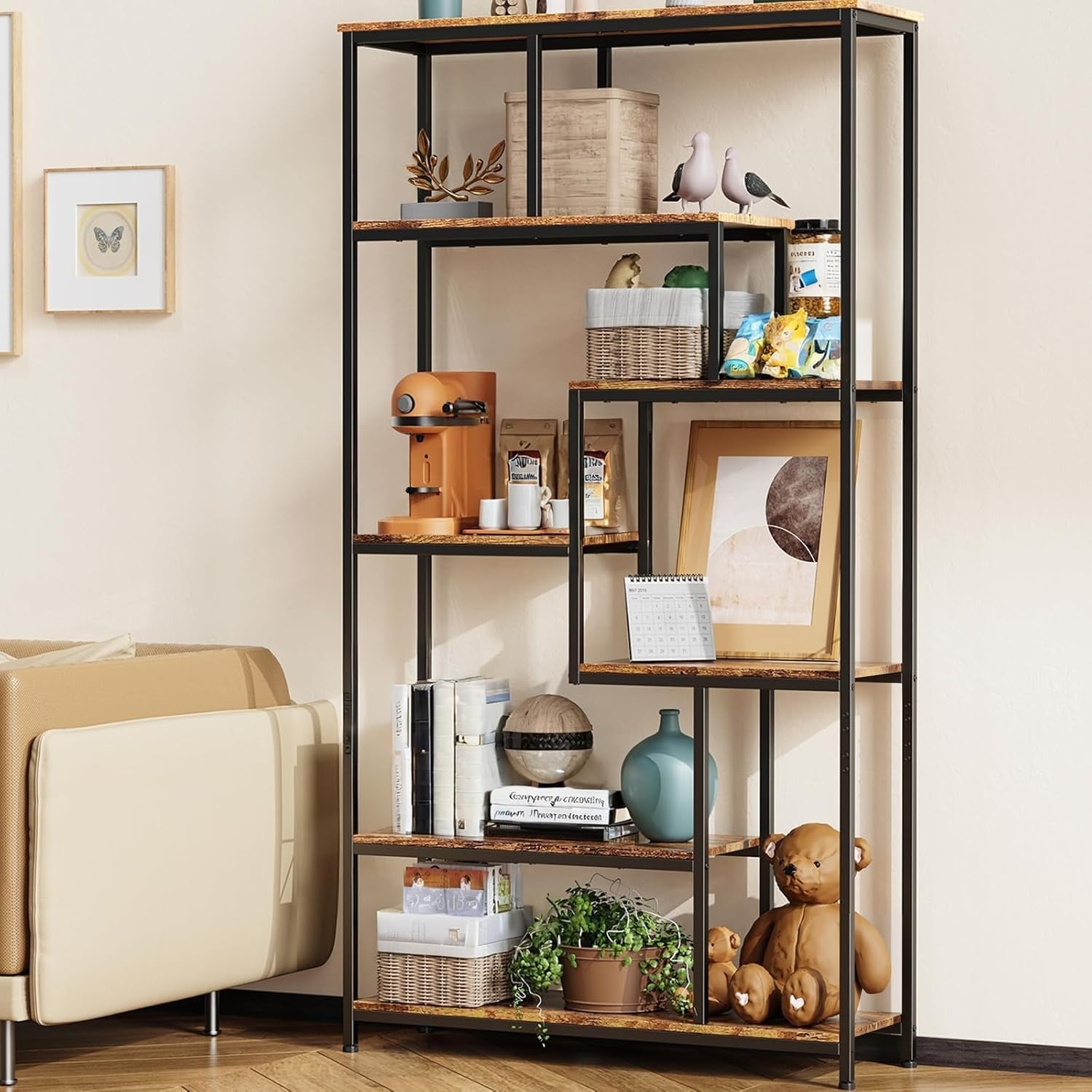 Bibliotheque ouverte a 5 niveaux, etagere de rangement multifonction pour livres et decoration, style retro, 30 x 98 x 180 cm