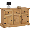 Commode en pin massif style mexicain avec trois portes battantes et trois tiroirs