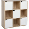 Bibliotheque 9 cubes avec 4 compartiments ouverts et 5 portes, meuble de rangement moderne finition chene