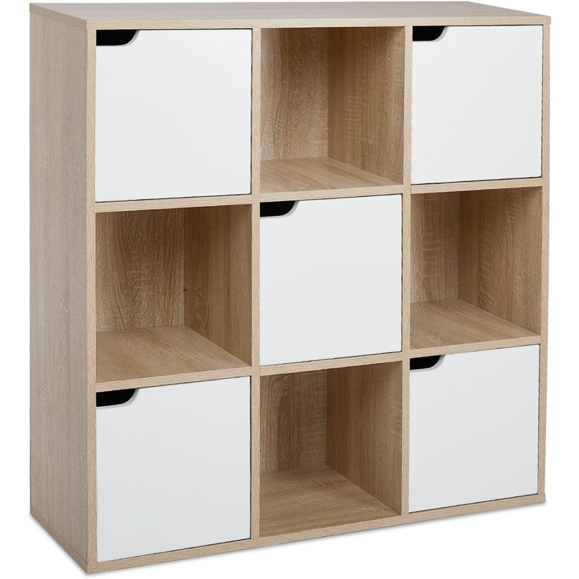 Bibliotheque 9 cubes avec 4 compartiments ouverts et 5 portes, meuble de rangement moderne finition chene