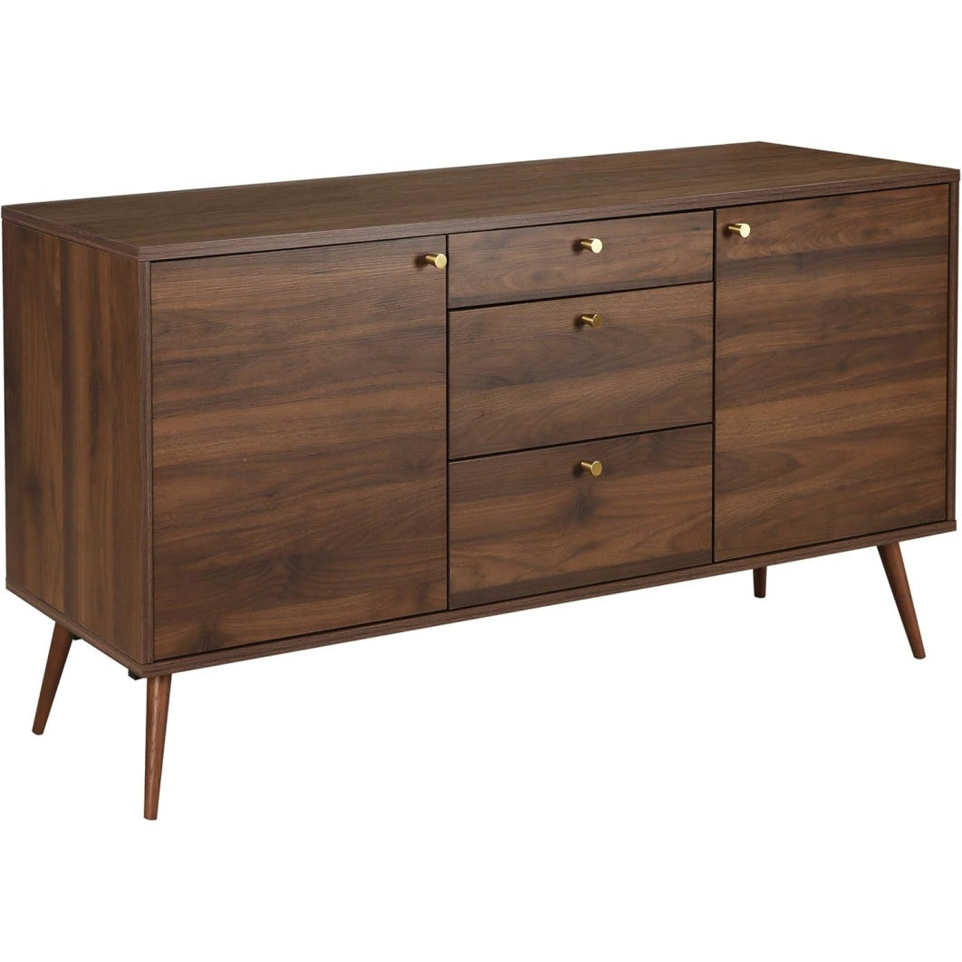 Bahut moderne cent cinquante centimetres avec deux portes et trois tiroirs aspect bois fonce