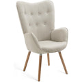 Fauteuil scandinave rembourre avec accoudoirs et pieds en bois massif, chaise confortable pour salon, bureau ou chambre, beige