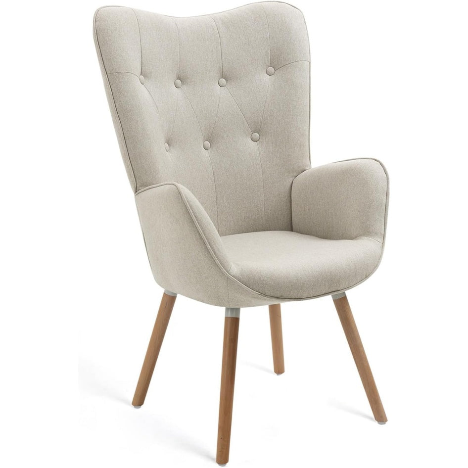 Fauteuil scandinave rembourre avec accoudoirs et pieds en bois massif, chaise confortable pour salon, bureau ou chambre, beige