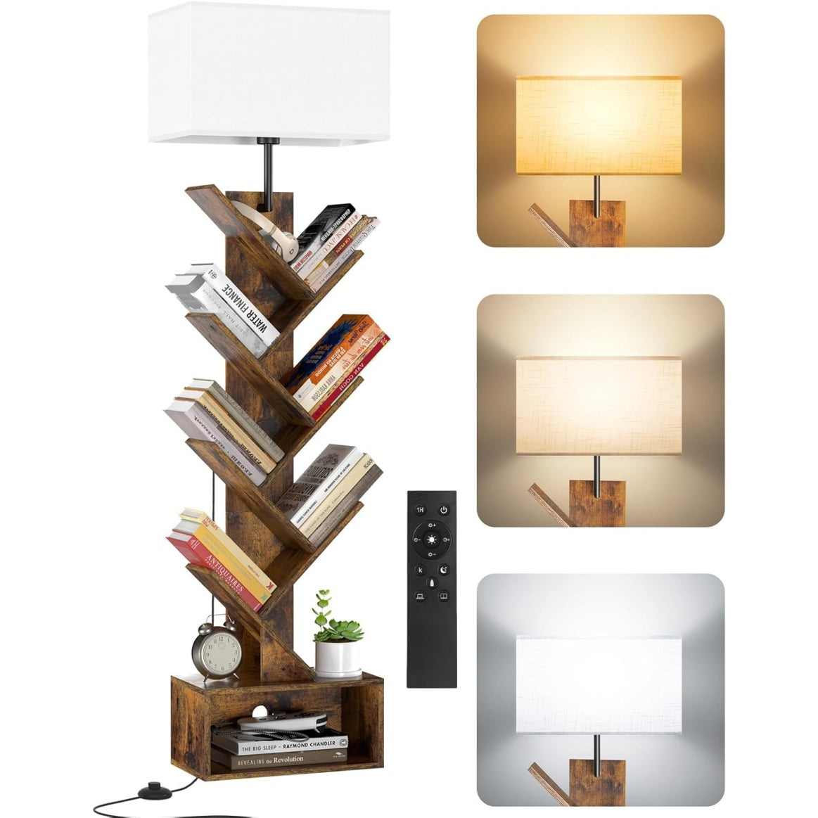 Bibliotheque arbre avec eclairage LED, 6 niveaux, telecommande et minuterie, meuble de rangement pour livres, CD et DVD, marron rustique