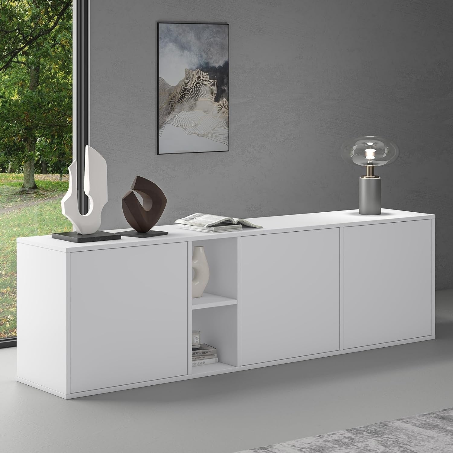 Buffet bas de rangement avec trois portes en finition blanc mat, a poser au sol ou a suspendre