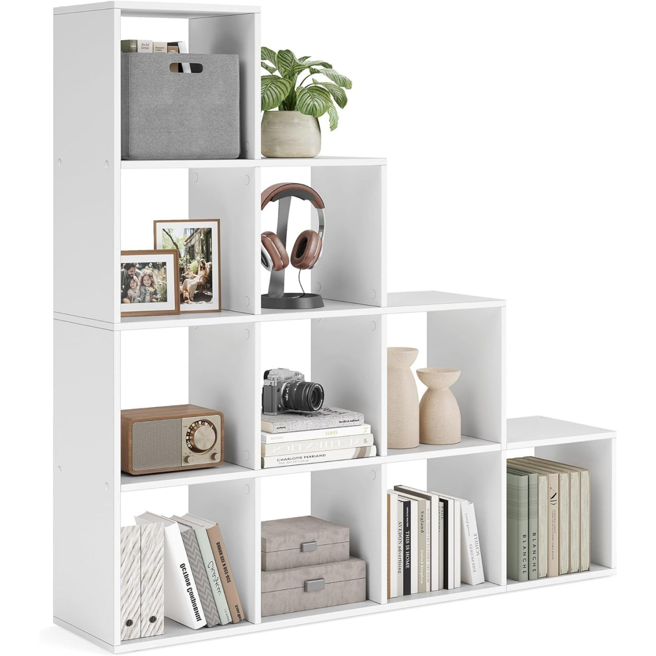 Bibliotheque avec 10 compartiments ouverts, meuble de rangement pour salon, chambre ou bureau, blanc nuage