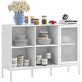 Buffet 120 cm avec compartiments ouverts, porte grillagee en acier et etagere reglable, meuble de rangement blanc