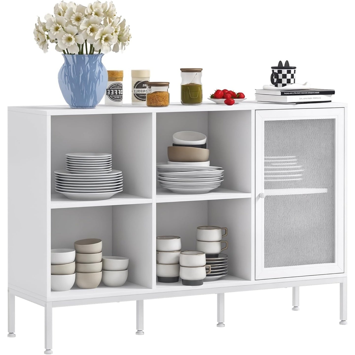 Buffet 120 cm avec compartiments ouverts, porte grillagee en acier et etagere reglable, meuble de rangement blanc