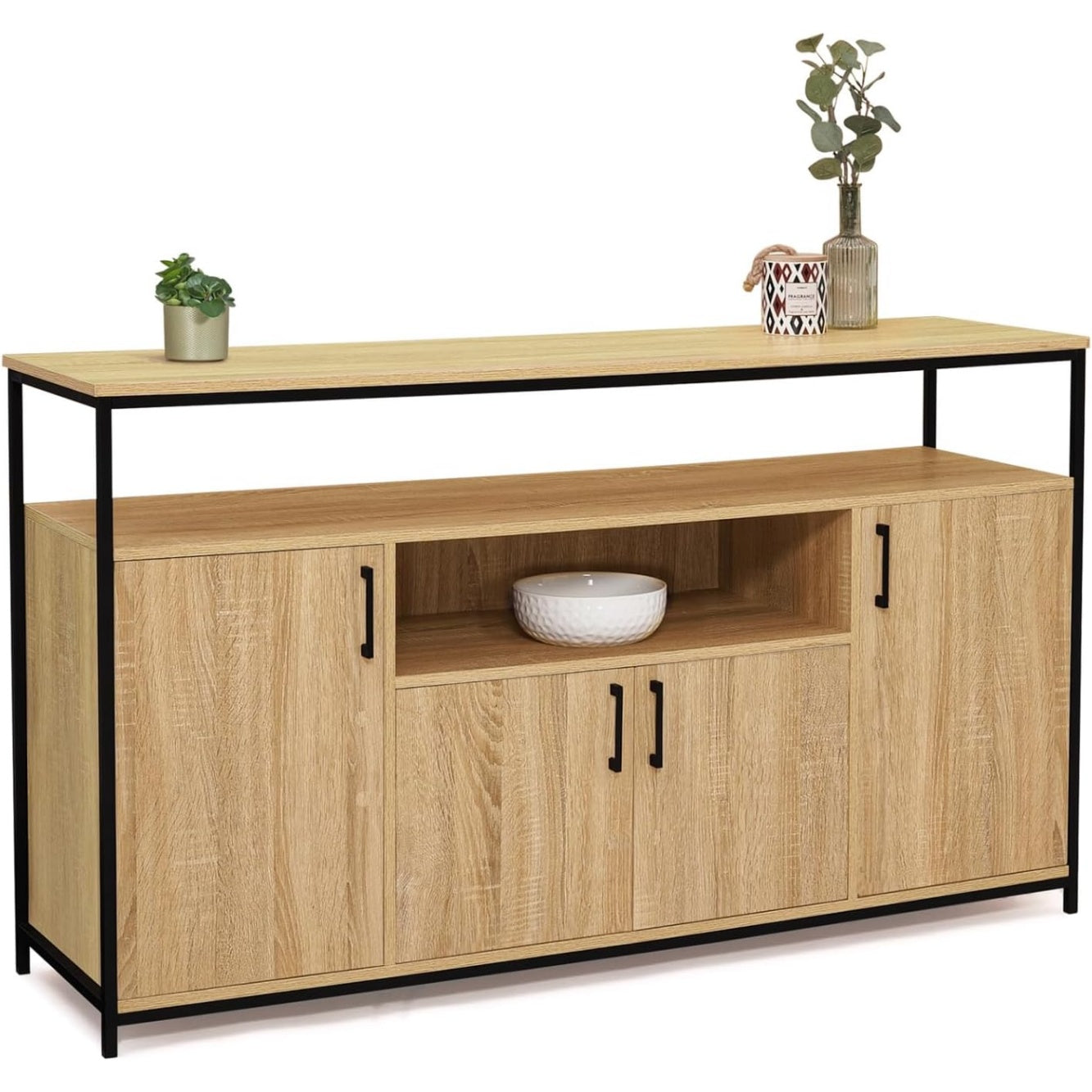 Buffet style industriel 140 cm avec 4 portes et niche ouverte, meuble de rangement