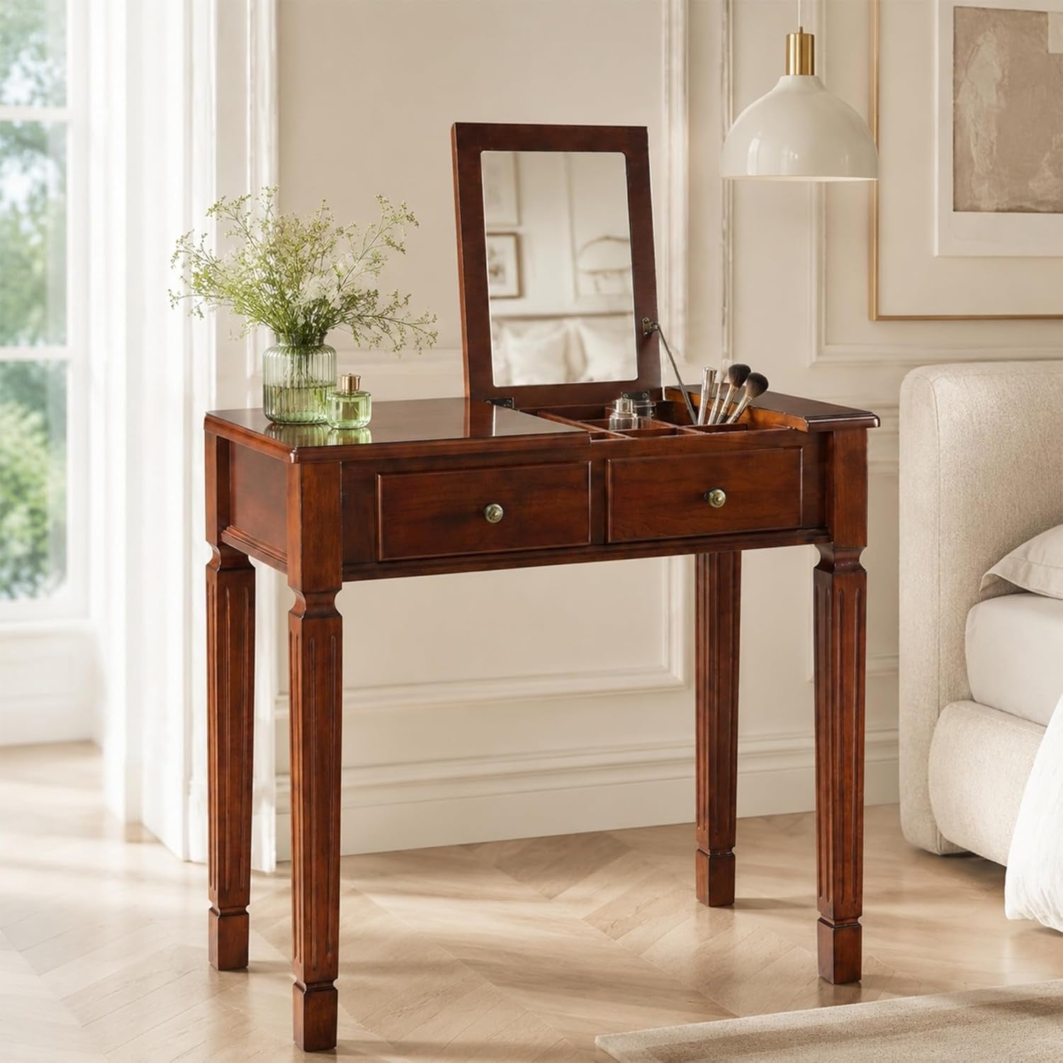 Coiffeuse 80 cm avec miroir, table de maquillage vintage en bois, finition chataignier
