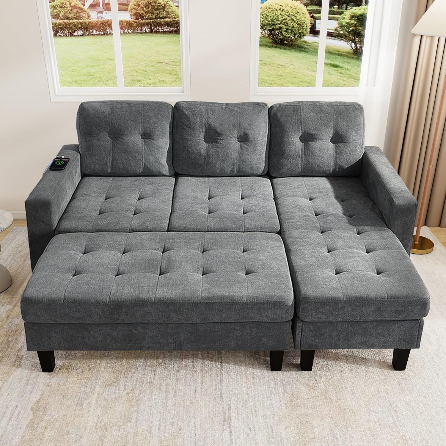 Canape dangle modulable 3 places avec pouf, lit double integre, tissu chenille, ports USB et eclairage LED