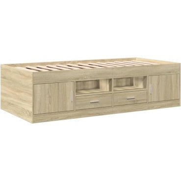 Lit banquette avec tiroirs integres en decor chene sonoma pour chambre d'amis ou espace detente