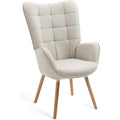 Fauteuil scandinave rembourre avec accoudoirs et pieds en bois massif, chaise de salon confortable en tissu beige