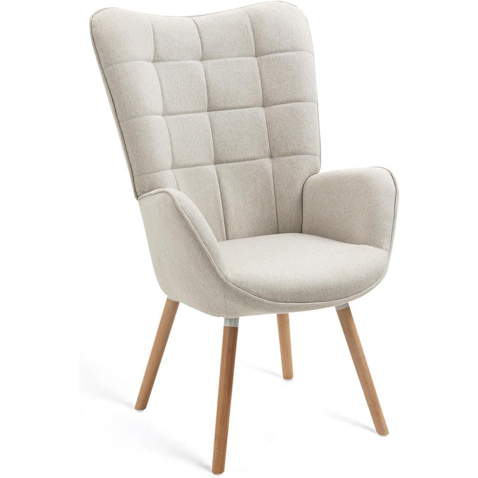Fauteuil scandinave rembourre avec accoudoirs et pieds en bois massif, chaise de salon confortable en tissu beige