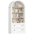 Bibliotheque avec 2 tiroirs et 4 etageres en forme darc, meuble de rangement pour salon, bureau ou cuisine, blanc