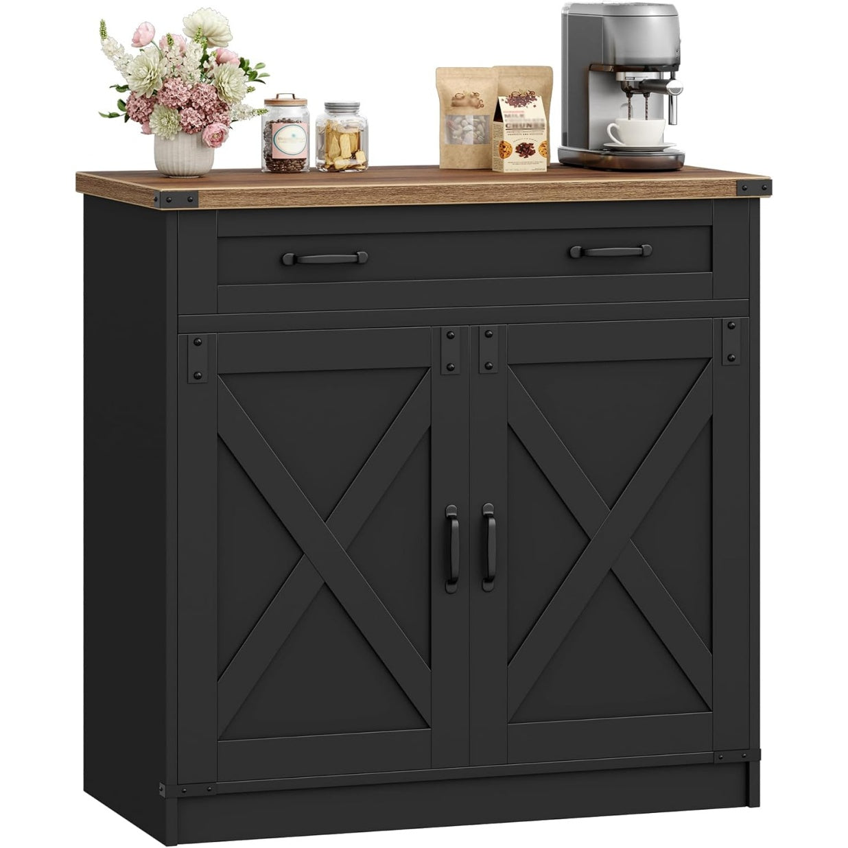 Buffet style cottage avec un tiroir, deux portes et etageres reglables, finition noir et bois miel
