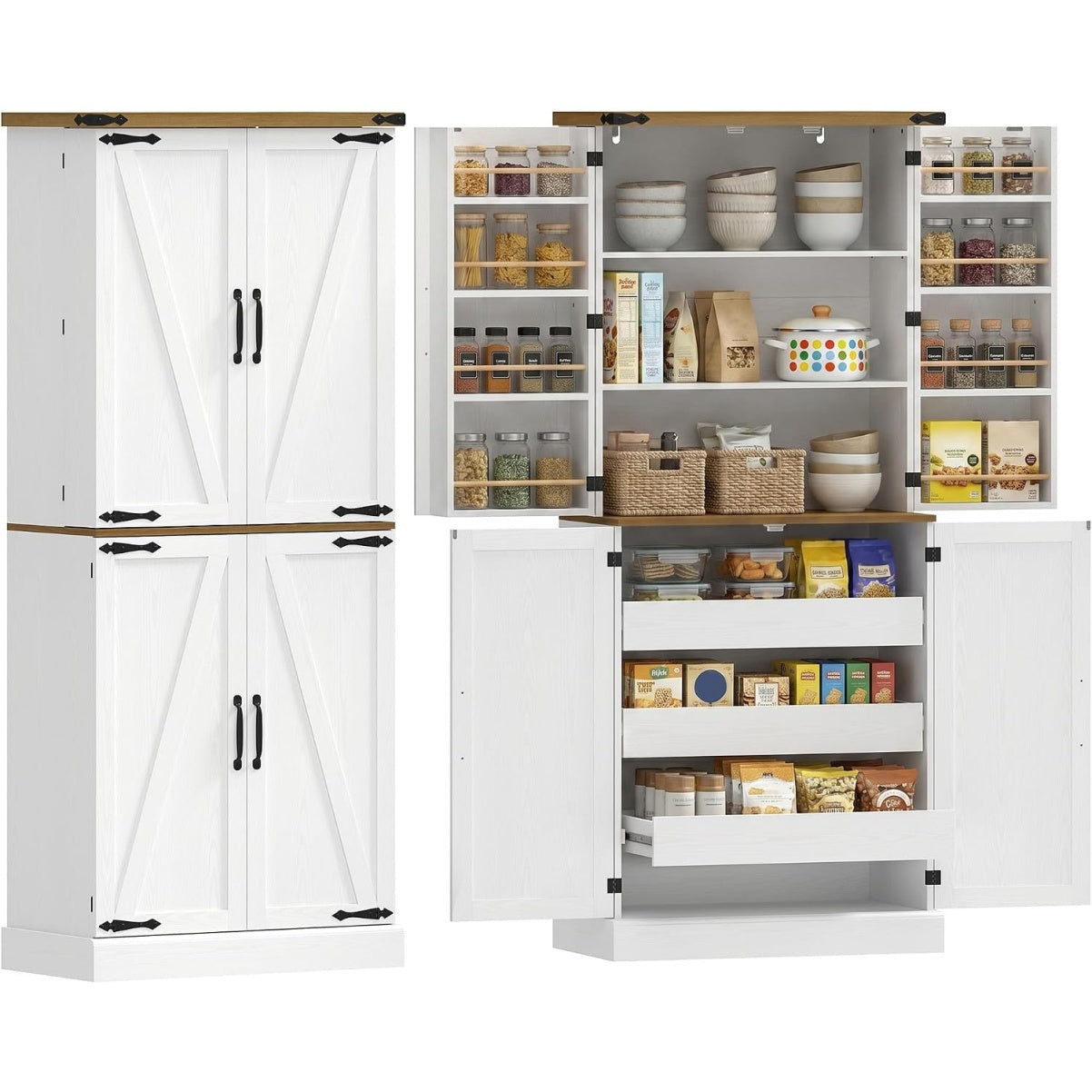 Armoire de cuisine style rustique avec quatre portes, trois tiroirs et nombreux rangements pratiques