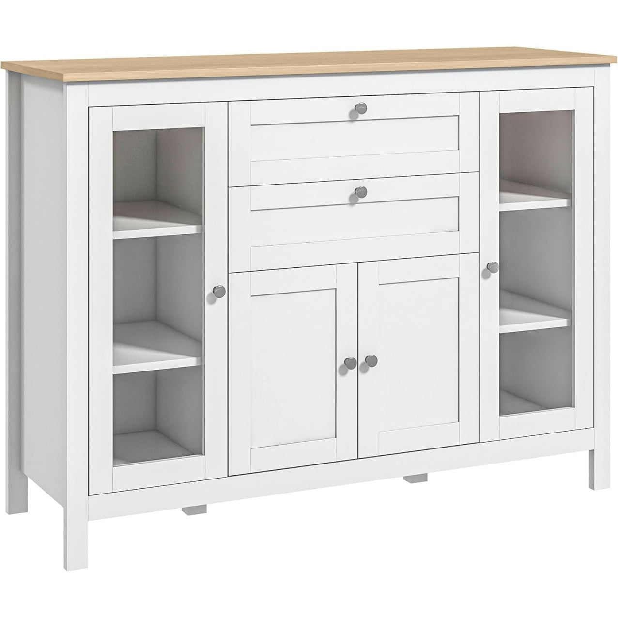 Bahut contemporain avec vitrines, deux tiroirs et compartiments modulables, meuble de rangement 120 x 40 x 90 cm, blanc