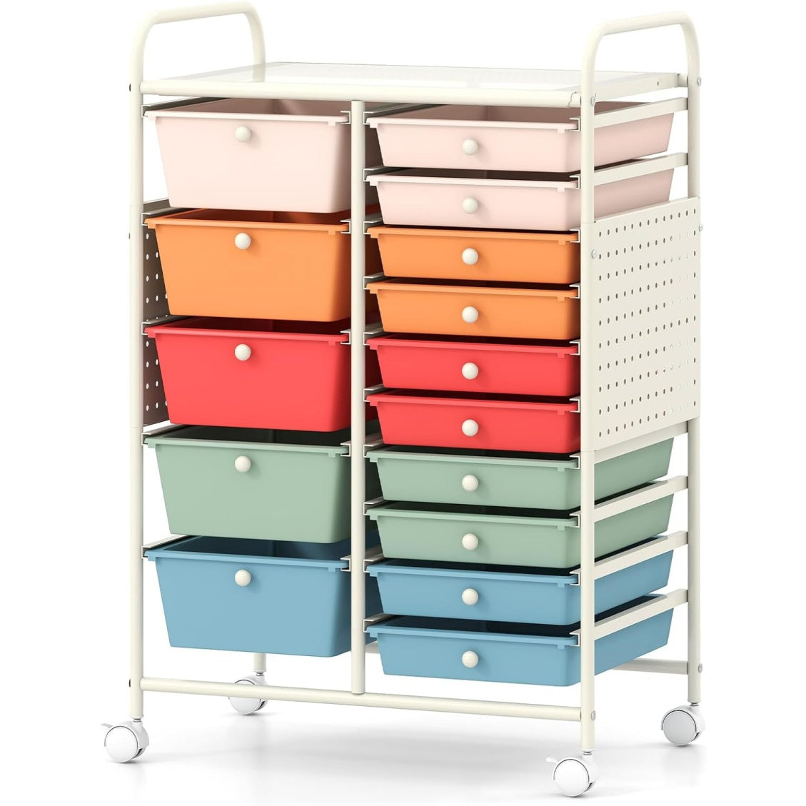 Chariot de rangement a roulettes avec quinze tiroirs verrouillables, coloris macaron