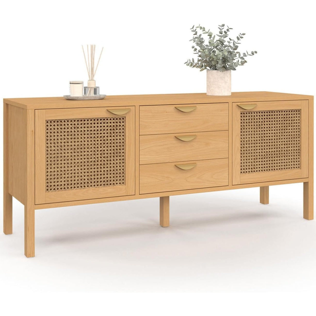 Buffet bas avec facade cannage, deux portes, trois tiroirs et plateau decor bois, largeur 140 cm