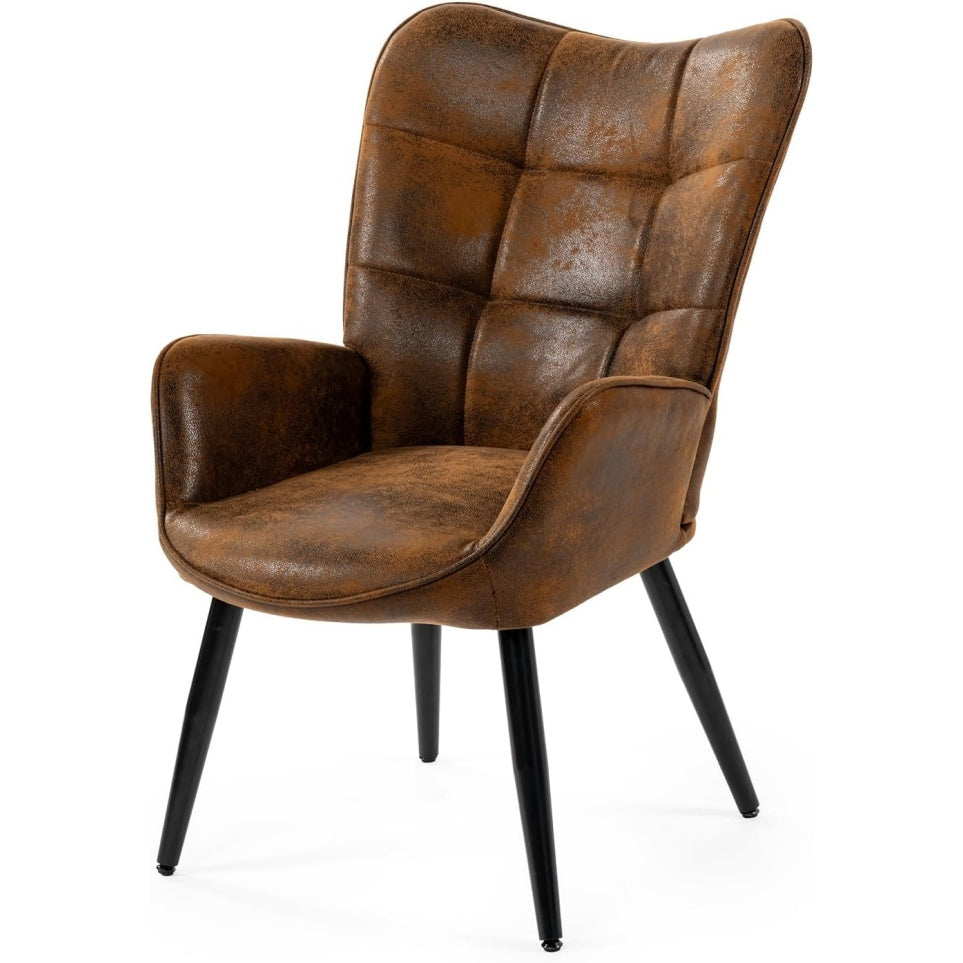 Fauteuil scandinave rembourre avec accoudoirs, assise epaisse en suedine et pieds en metal, chaise de salon ou coiffeuse marron